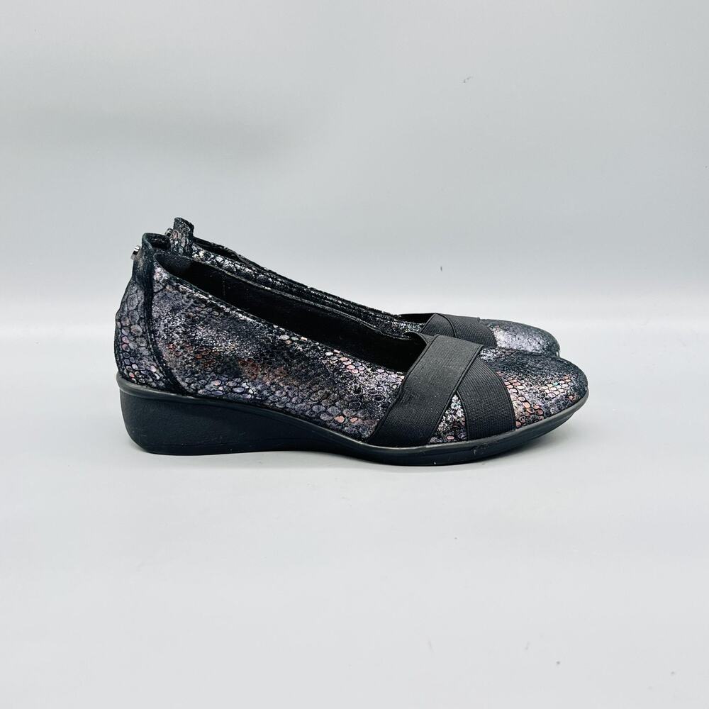 Revere Shoes Womens 7 Black Metallic Leather Seoul Slip On Wedge Comfort Walking